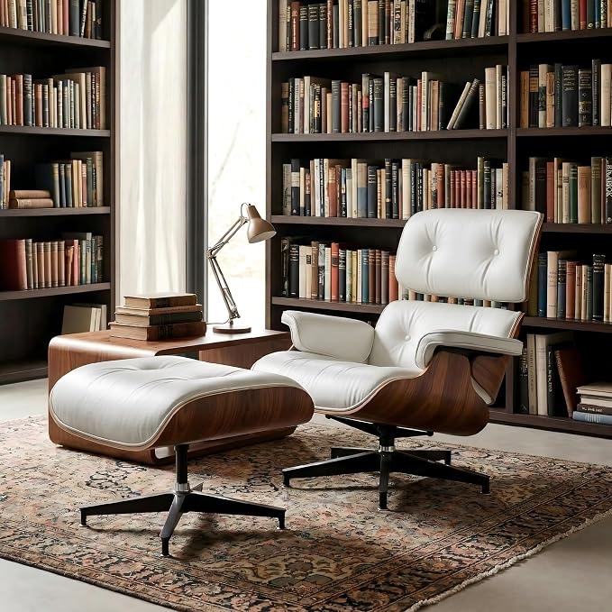 Mid Century Chaise Lounge Chair with Ottoman, Top Black Grain Leather, Modern Office Chair Classic Design, Heavy Duty Base Support for Living Room Study Lounge Office