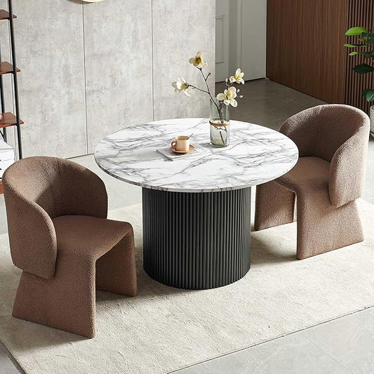 NORDICANA 3-Piece Round Dining Table Set for 2, Modern 47-Inch Kitchen Table and Chair Set, Dining Set with Brown Upholstered Armchairs, Manufactured Wood Top with White Marble Effect Finish