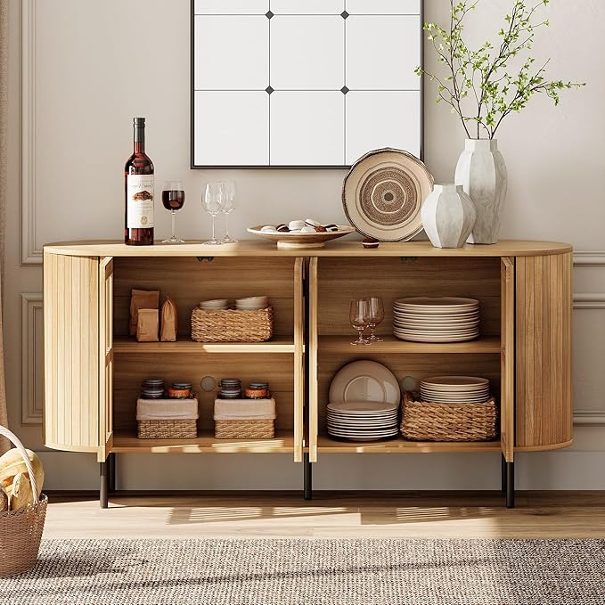 WAMPAT Sideboard Buffet Cabinet with 4 Fluted Doors,64" Wood Accent Storage Cabinet with Curved Design,Mid-Centery Modern Credenza for Dining Room,Kitchen,Hallway,Oak