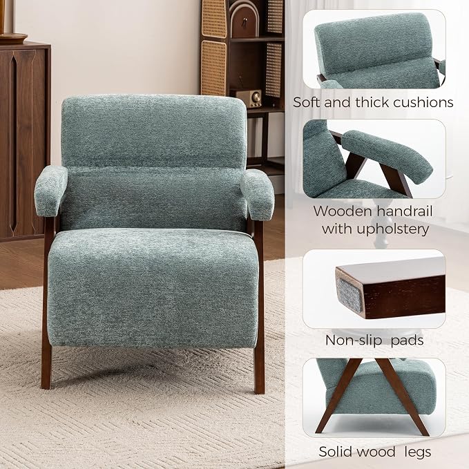 Accent Chair Mid Century Modern Living Room Chairs with Thick Cushion Comfy Upholstered Armchair Cozy Small Side Chairs for Reading Room Bedroom Sage