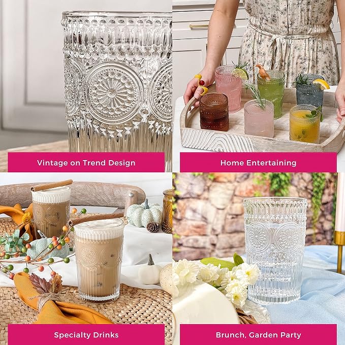 Kate Aspen Vintage Textured Clear Striped Drinking Glasses Set of 6, (13 oz) Ribbed Glassware Set with Flower Design | Cocktail Set, Glass Cups, Iced Coffee Cup