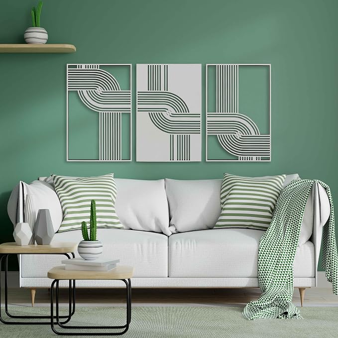 Abstract Wood Wall Art Set of 3, Geometric Curved Line Decorative Panels, Mid Century Modern Wooden Decor, Scandinavian New House Gift for Living Room and Bedroom