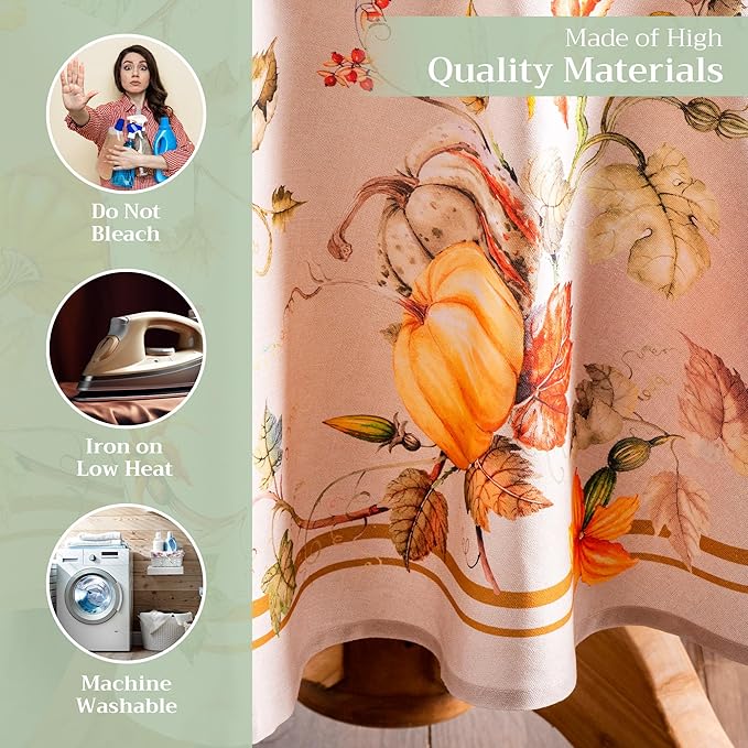 Maison d' Hermine Table Cloth Round Table 100% Cotton 63 Inches Fall Tablecloth Reusable Everyday Use for Thanksgiving Christmas Decorations Dining Farmhouse Party (Potiron)
