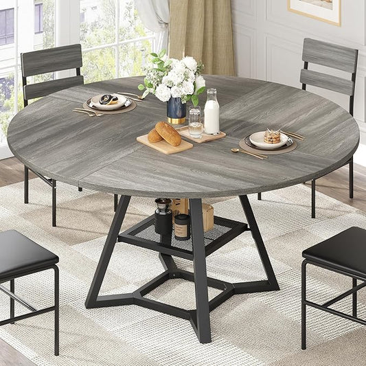 knoworld 51'' Round Dining Table, Kitchen Tables Dining Room Circle Dinner Table with Pedestal Metal Frame, Space Saving Wood Industrial Kitchen & Dining Room Tables, Grey 51In