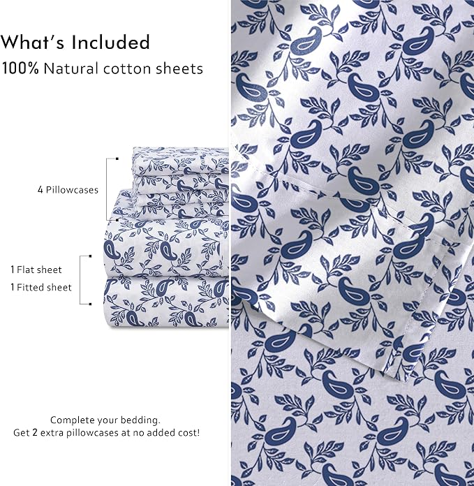 RUVANTI 100% Cotton Percale Sheets King Size 6 Piece Set, Cooling Bed Sheets for Hot Sleepers, Deep Pocket 16”, Breathable Lightweight & Durable, Crisp Hotel Style Sheets, Paisley Ornament