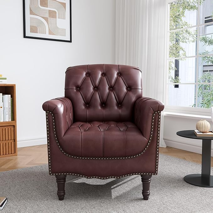 UIXE Faux Leather Accent Chair for Living Room, Tufted Arm Chair Retro Upholstered Club Armchair with Solid Wood Legs, Burgundy Red