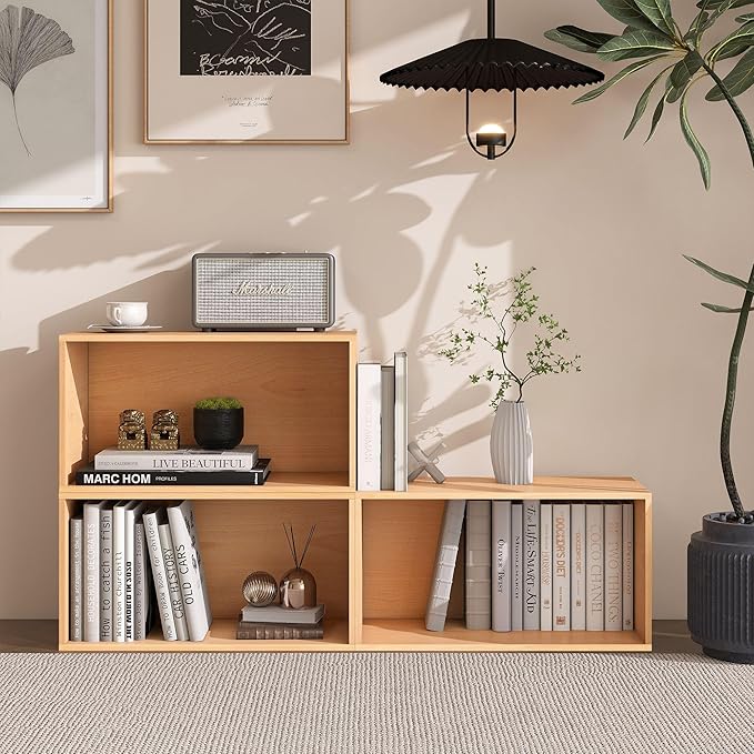 3 Cube Organizer Bookcase, Easy Assembly Wooden Open Shelving Unit Book Shelf, Expandable Storage Shelves for Living Room, Office, Bedroom, Beech Color (1 Set)