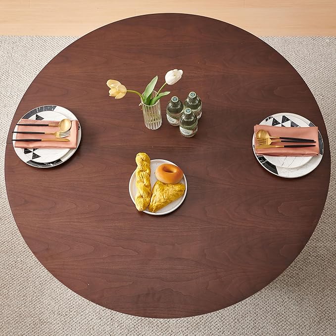 NORDICANA 5-Piece Round Dining Table Set for 4, Rustic 47-Inch Kitchen Table and Chair Set, Dining Set with Off White Upholstered Armchairs, Manufactured Wood Top with Walnut Veneer