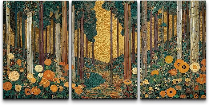 wall26 Canvas Print Wall Art Set Klimt Style Sunlit Forest Vibrant Green and Gold Floral WoodlandDecorative Minimal Relax/Zen for Living Room, Bedroom, Office - 16"x24" x 3