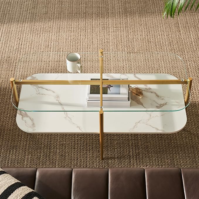 Saint Mossi Oval Glass Coffee Table for Living Room, Mid Century Center Table, Clear Glass & White MDF Bottom Shelf with Rounded Corners, L41xW21xH17, Gold Table Legs