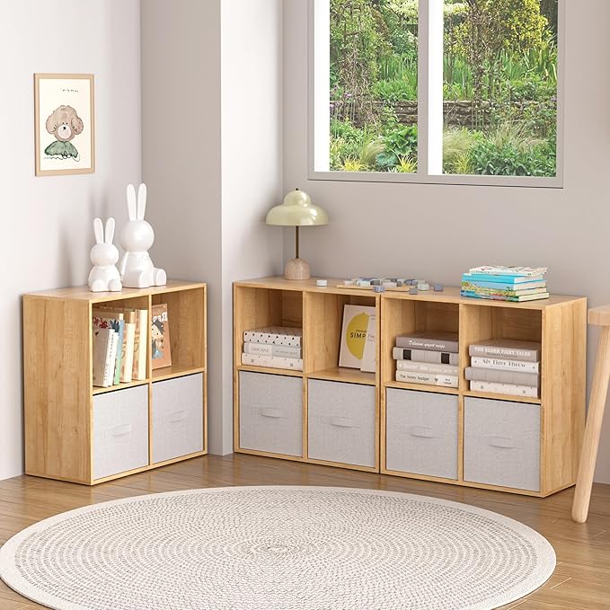 Wooden 4 Cube Storage Organizer with Closed Back Panel,White Cube Shelf Cubby Storage Organizers with Compartments for Living,Bookshelf,Organizers Easy to Install (Oak, 4 Cube)
