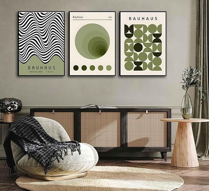WSTUKVV 3Pcs Bauhaus Mid Century Modern Wall Art Bauhaus 1923 Posters Pictures Green Boho Abstract Geometric Canvas Prints Black Line Paintings for Living Room Bedroom Dining Room Wall Decor Unframed