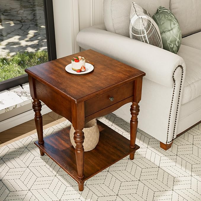 2-Set Solid Wood End Table with Drawer and Storage Shelf, Antique Designed Beside Table with Solid Wood Roman Legs, Square Accent Tables with Hand Carved for Living Room, Bedroom Cherry Brown
