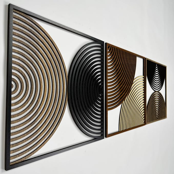 Mid Century Wood Wall Art Large, Boho Style Modern Wooden Wall Decor, Set of 3 Abstract Geometric Wall Hangings, Housewarming Gift for Living Room and Bedroom