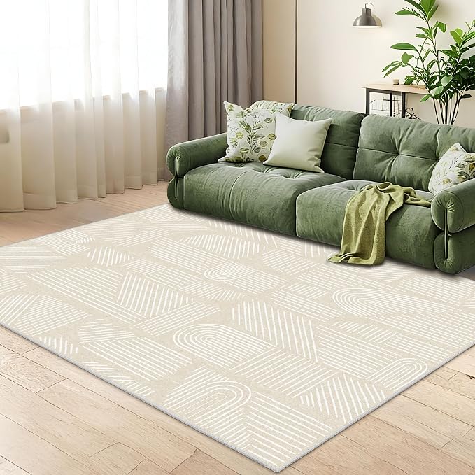 MUJOO 5x7 Washable Area Rug,Mid Century Modern Abstract Non Slip Low Pile Rug,Neutral Beige and White Rug for Living Room Bedroom Dining Room