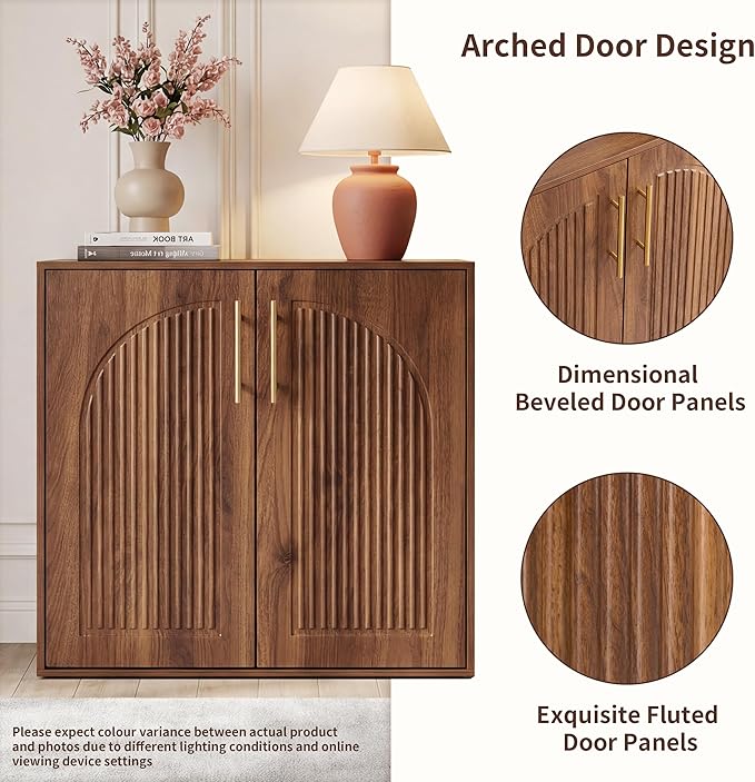 Fluted Sideboard Buffet Cabinet with Storage, Arched Doors & Adjustable Shelves, Modern Accent Credenza, Anti-Tip Console Cabinet for Living Room, Entryway, Hallway & Kitchen, Walnut