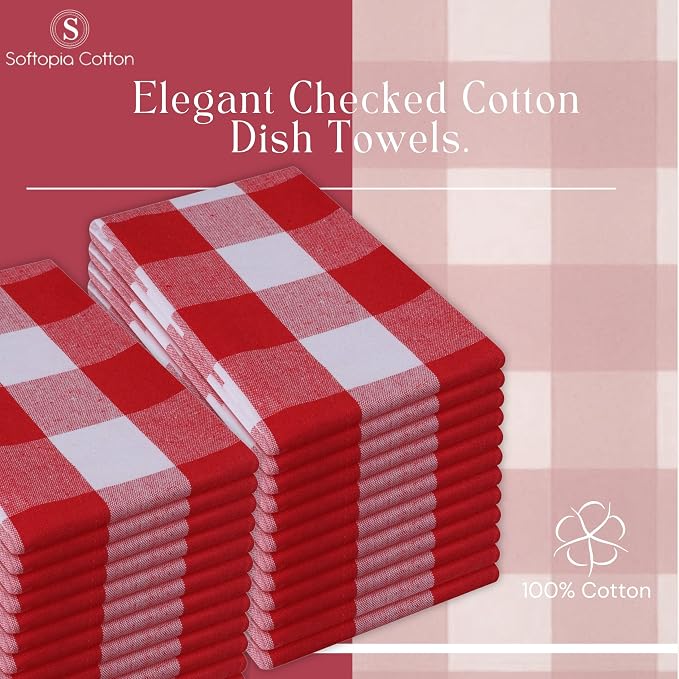 Red Buffalo Check Plaid Kitchen Towels, 12 Pack, 100% Cotton, 16x26 Inches, Super Absorbent, Quick Dry, Soft, Lint-Free, Dish Drying & Cleaning Towels with Hanging Loop, Red and White