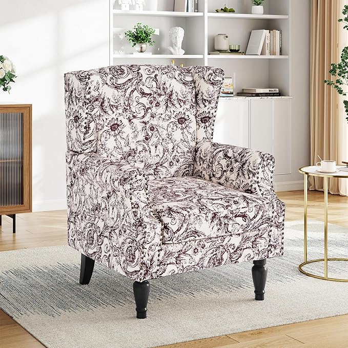 Pia Ricco High Back Floral Accent Chair - Retro Wingback Upholstered Armchair with Nailhead Trim, Solid Wood Legs, Fabric Living Room Bedroom Reading Chair (Rococo Plum)