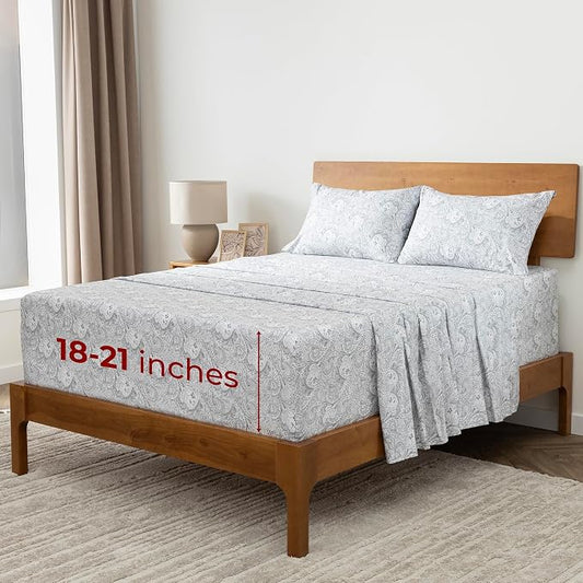 Mellanni Extra Deep Queen Sheets - 4 PC Iconic Collection Bedding - Hotel Luxury, Ultra Soft, Cooling Bed Sheets - Wrinkle, Fade, Stain Resistant (Queen, Paisley Gray)