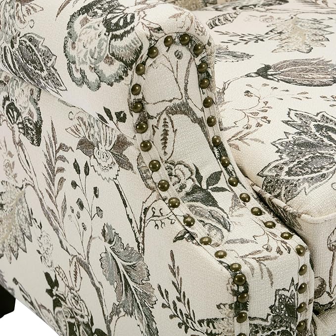 Pia Ricco Set of 2 Floral Accent Chairs, High Back Upholstered Armchairs with Retro Wingback Design, Nailhead Trim & Solid Wood Legs for Living Room Bedroom(Plants Beige)