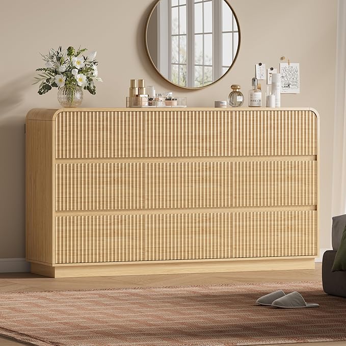 Oak Dresser Fluted 9 Drawers Dresser for Bedroom, 59" Wide Wood Chest of Drawers with Hidden Handles & Rounded Corners, Modern TV Stand Storage Cabinet for Living Room, Hallway, Entryway