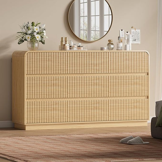 Oak Dresser Fluted 9 Drawers Dresser for Bedroom, 59" Wide Wood Chest of Drawers with Hidden Handles & Rounded Corners, Modern TV Stand Storage Cabinet for Living Room, Hallway, Entryway