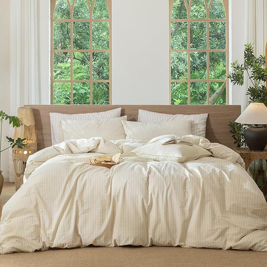 MooMee Striped Duvet Cover Set 100% Washed Cotton Linen Like Textured Breathable Durable Soft Comfy (Almond Milk Grey White Wide Stripes, Super King Plus 120"x120")