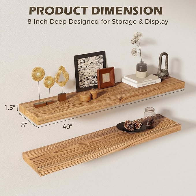 40 Inch Floating Shelves for Wall, 8"D High End Solid Hardwood Shelves for Decor Storage, Rustic Wall Shelves with Invisible Heavy Duty Brackets for Living Room, Kitchen, Bathroom, Natural, 2 Pack