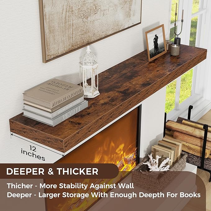 Floating Shelves for Wall, 48" W x 12" D x 2" H, 2 Pack of Long Wall Mounted Engineered Wood Shelves with Invisible Brackets for Living Room, Bedroom, Bathroom, Kitchen Decor, Brown