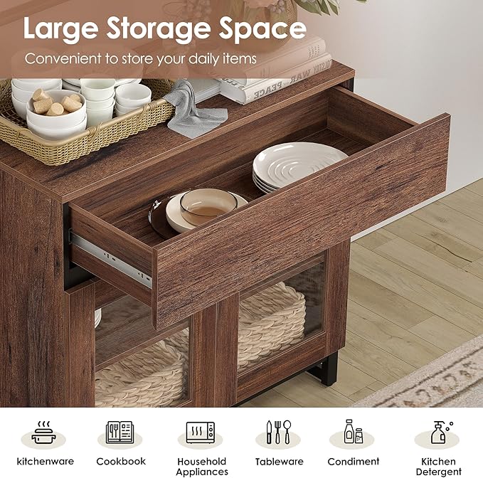 WAMPAT Sideboard Buffet Cabinets with Glass Doors and Drawer, Modern Sideboard Credenza with Adjustable Shelf, Coffee Bar Storage Cabinet for Living Room, Kitchen, Brown