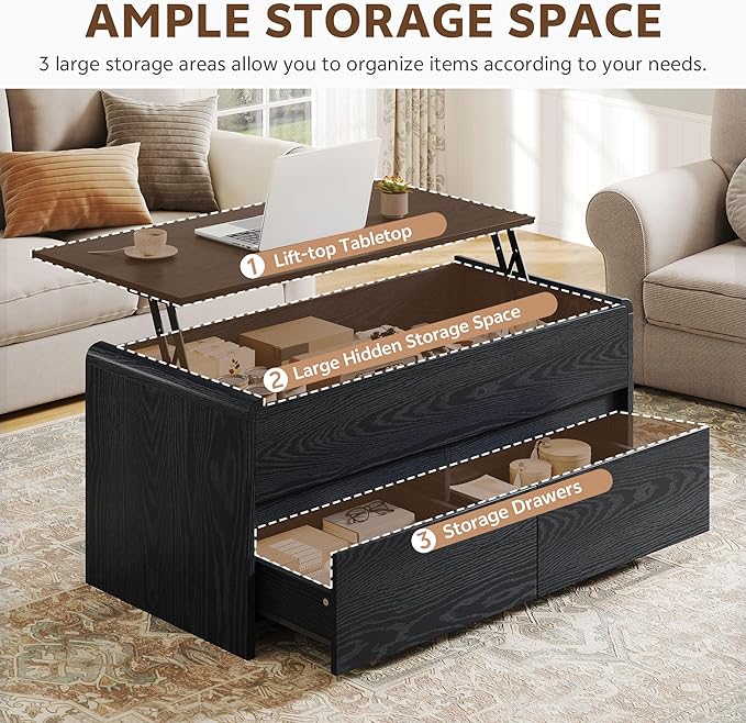 Coffee Table Lift Top, 40 Inch Multi-Function Coffee Table with 2 Drawers, Hidden Compartment, Curved Profile Design, Converts to Home Office Table, Dining Table for Living Room, Black
