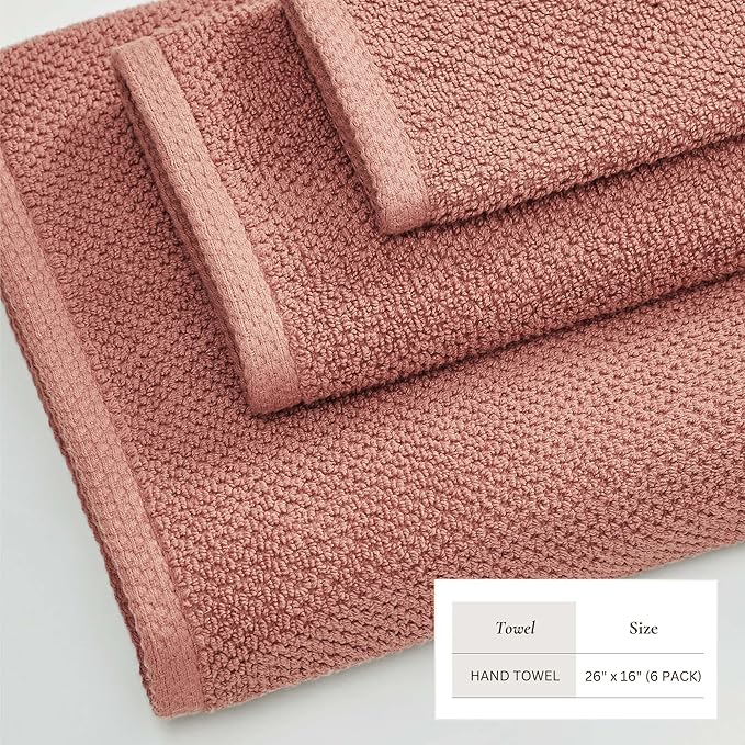 Great Bay Home 100% Cotton 6 Pack 26x16 Hand Towel Set - Absorbent, Quick-Drying, Durable Towels for Bathroom Decor - Low-Twist, Two-Ply Fibers (Desert Rose)