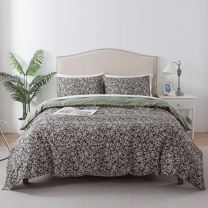 HoneiLife Duvet Dover King Size - 100% Cotton Comforter Cover Floral Duvet Cover Sets, Breathable Bedlinen for Set with Zipper Closure & Corner Ties,3-PC Wildflower Comforter Cover Sets, Berry