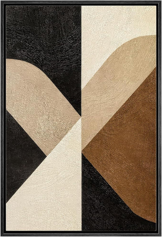MUDECOR Framed Canvas Print Wall Art Neutral Geometric Texture Abstract Black Brown Beige Shapes Illustrations Fine Art Decorative Zen Multicolor Country/Farmhouse Retro for Bedroom - 16"x24" BLACK