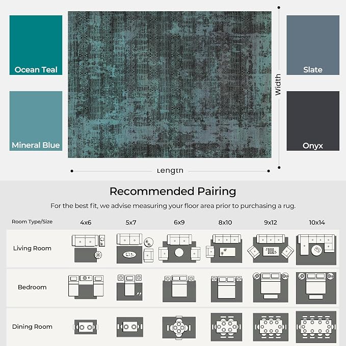 Kokia Abstract Area Rugs Washable Indoor 6x9 Rug Boho Distressed Retro Low Pile Non-Slip Non-Shedding Deep Teal Carpet Bedroom Living Room Dining Room, Ocean Teal