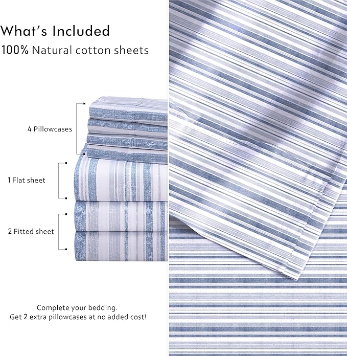 RUVANTI 100% Cotton Percale Sheets Split King Size 7 Piece Set, Cooling Bed Sheets for Hot Sleepers, Deep Pocket 16”, Breathable Lightweight & Durable, Crisp Hotel Style Sheets, Naval Blue