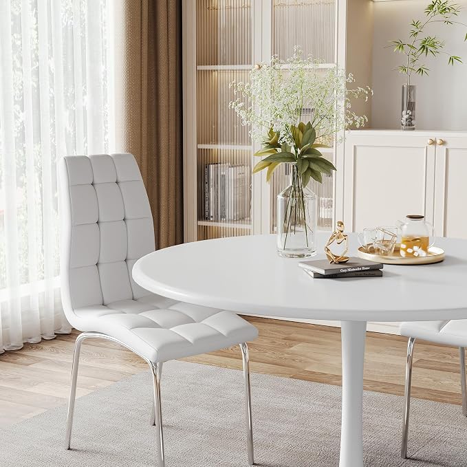 AF ARTISAN FURNITURE White Round MDF-Metal Dining Table Set for 4, 31.5" Round Tulip Table Kitchen Dining Table with 4 PU Chairs for Office Living Room Small Space Patio Balcony