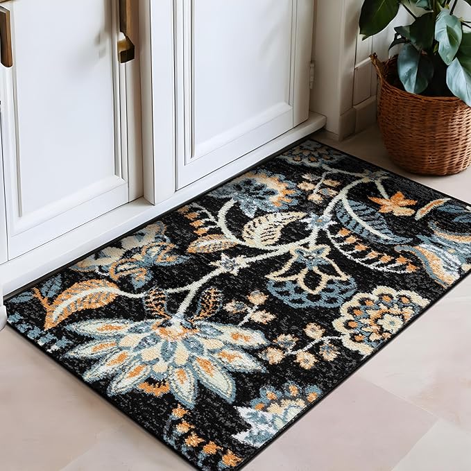 Rugshop Black Floral Area Rug 2x3 – Colorful Botanical Indoor Carpet for Living Room, Bedroom, or Dining Room – Soft Low-Pile, Non-Shedding Traditional Rug 2' x 3'