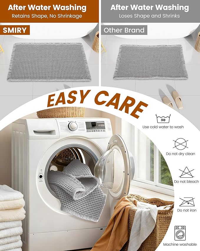 Smiry Waffle Bath Mat 30x20, Extra Soft Absorbent Bathroom Rugs, Non Slip Machine Washable Quick Dry Bath Rugs for Bathroom Floor, Tub, Shower, Home Decor Accessories, Light Grey