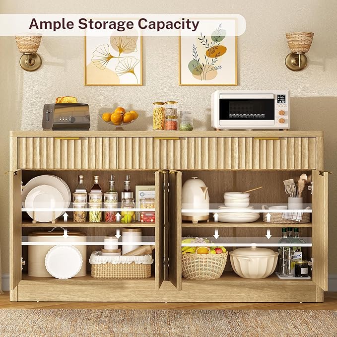usikey 55” Large Buffet Cabinet with Storage & Drawers, Sideboard Cabinet with 2 Adjustable Shelves & 4 Doors, Coffee Bar Station, Kitchen Storage Cabinets, Natural
