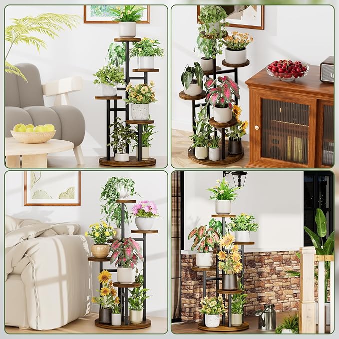 5 Tiers Wood Plant Tables Indoor Plant Stand Tall Metal Wood Plant Shelf Outdoor Indoor Plant Table Rack Tiered Plant Stand Garden Accessories for Living Room Balcony Patio - BlackRound