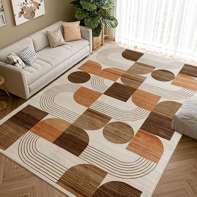 Large Machine Washable 6x9 Area Rug, Soft Modern Geometric Abstract Orange Rugs for Bedroom Living Room, Non-Shedding Faux Wool Indoor Throw Floor Carpet for Office Entryway Dining Room Decor