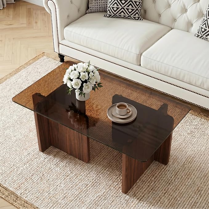 Modern Glass Coffee Table, 39.4 Inches Rectangular Center Tables for Living Room, Coffee Table with Wood Cross Base Easy Assembly Walnut
