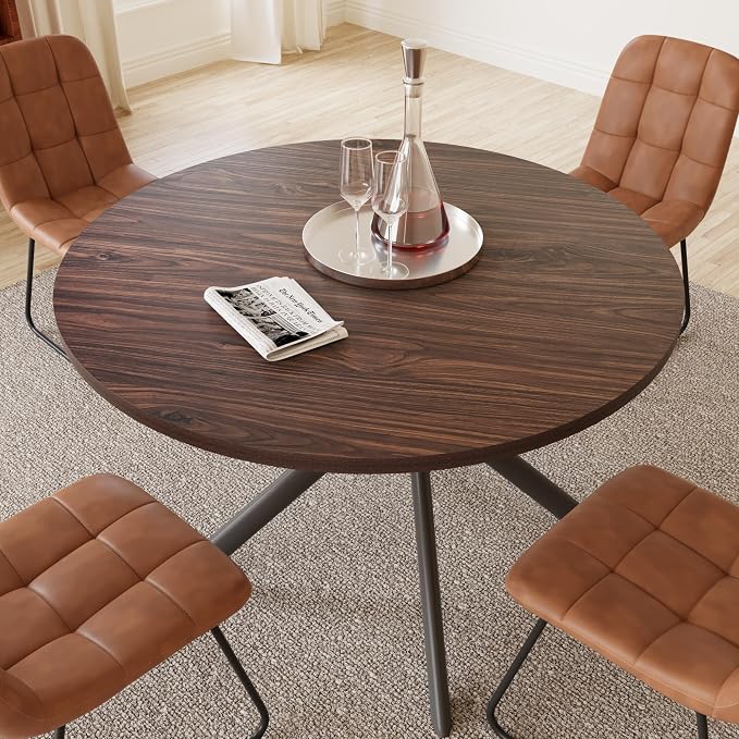 HIPIHOM 45.3 Inch Modern Round Dining Table for 4, Space-Saving Dinette with Carbon Steel Legs for Home Kitchen Apartment(Dark Walnut Table)