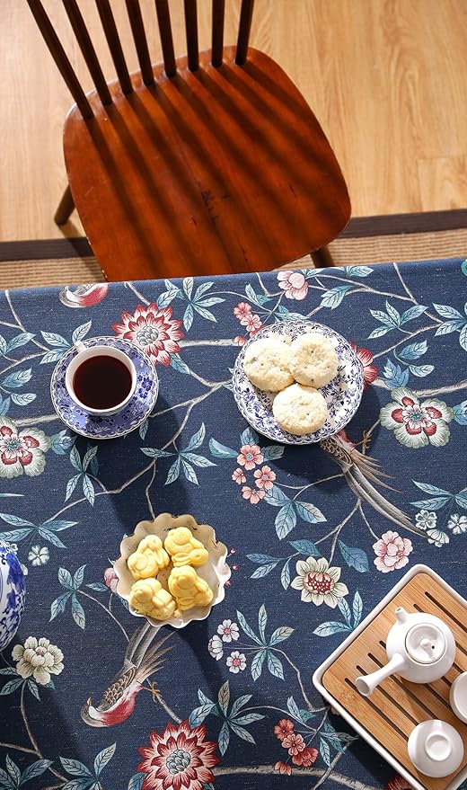 patdrea Designer Vintage Dark Blue Linen Rectangular Tablecloth,Navy French Floral and Birds Pattern Table Cloth,Decoration Table Cover for Kitchen,Dining,Tea Party,Home,Christmas,55"*79"