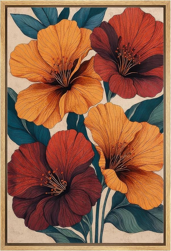 Woodrose Framed Canvas Print Wall Art Vibrant Hibiscus Floral Botanical Illustrations Modern Art Minimalist 3D Colorful Ultra for Living Room, Bedroom, Office - 16"x24" NATURAL