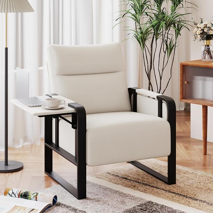 Upholstered Living Room Chair Armchair, Mid Century Faux Leather Metal Accent Chair, Reception Couch Office Guest Chair Slipper Club Lounge Single Sofa with Sidetable for Bedroom-Beige