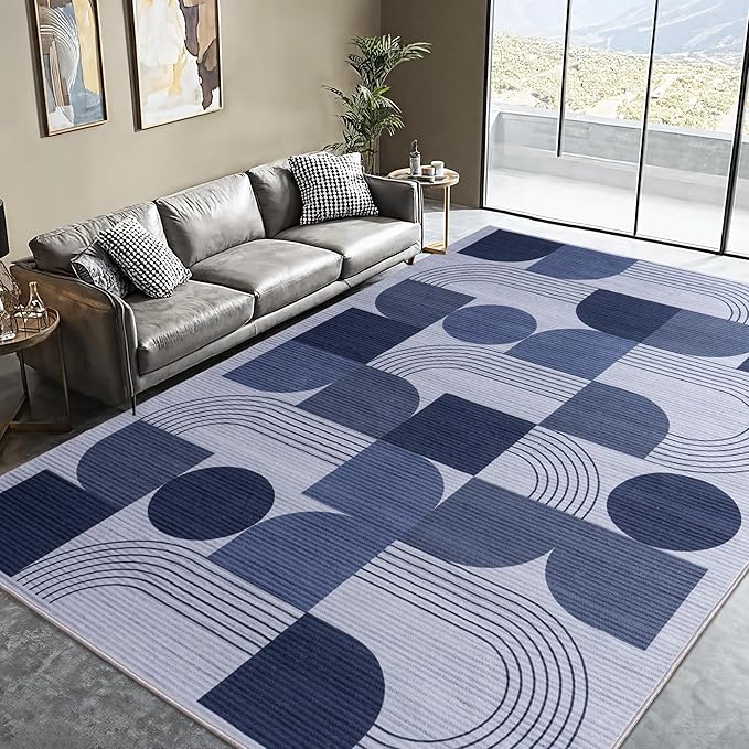 Large Machine Washable 6x9 Area Rug, Soft Modern Geometric Abstract Blue Rugs for Bedroom Living Room, Non-Shedding Faux Wool Indoor Throw Floor Carpet for Office Entryway Dining Room Decor