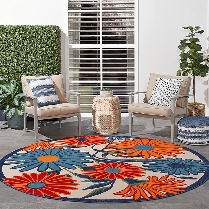 Nourison Home Aloha Multicolor 7'10" x Round Area Rug - Easy Clean, Non Shedding, Bed Room, Living Room, Dining Room, Kitchen (8' x Round)