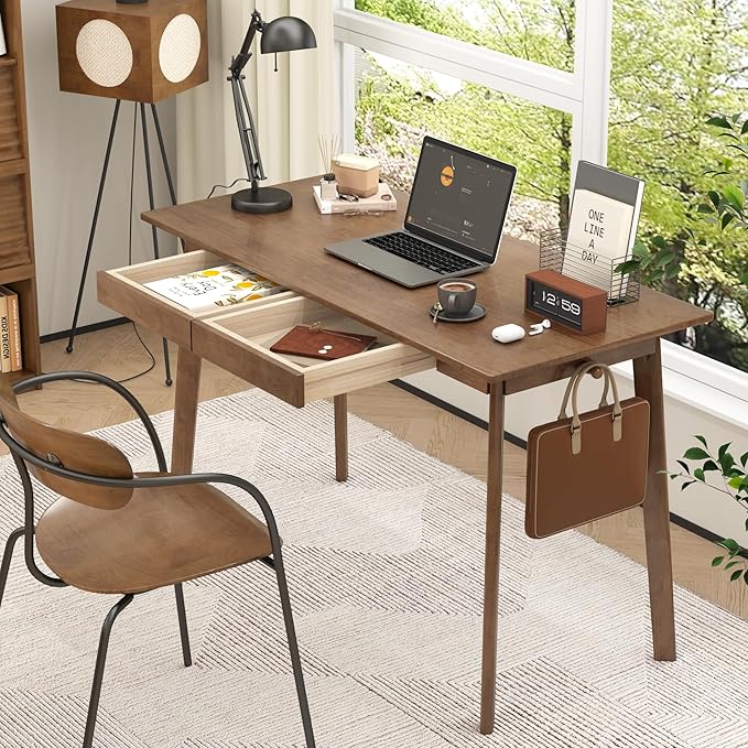 Solid Wood Desk with Drawers - 47 x 16 Inch Modern Narrow Desks, Rubber Wood Study Table, Small Writing Desk for Small Spaces|Bedroom - Black Desks